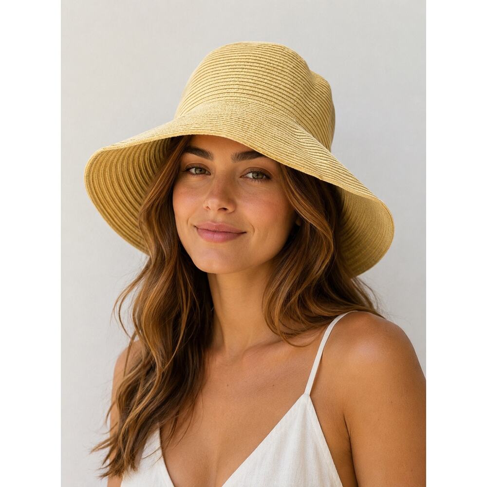 Laundry by Shelli Segal Beige Straw Sun Hat Bow Floppy Beach NWOT